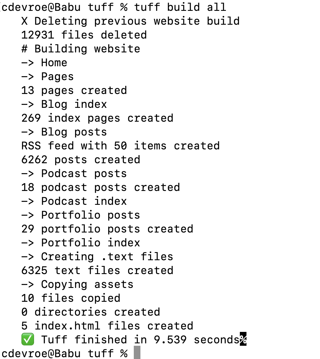 Terminal output of Tuff showing statistics for building my site