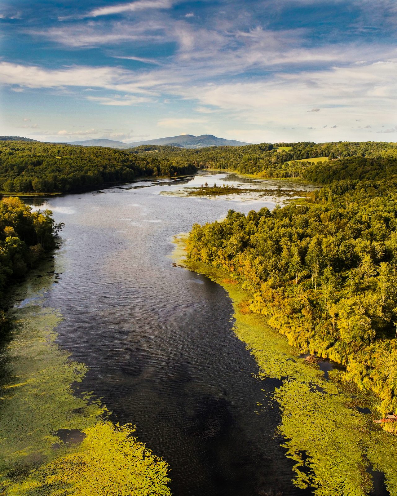 A narrow pond with a hill in the distance.