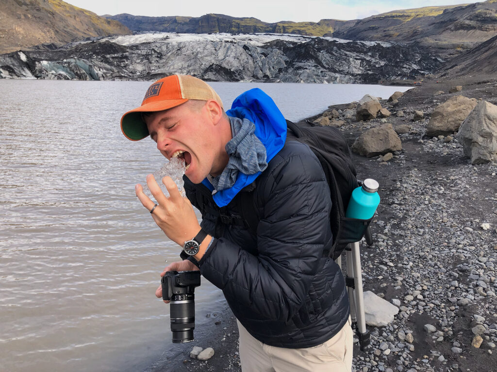 Me biting ice in Iceland