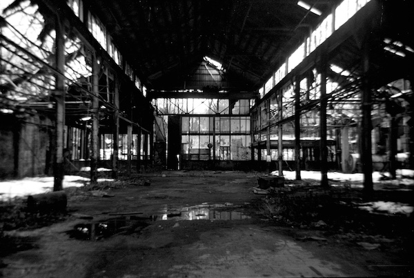 Abandoned train car buildings on film, January 2021