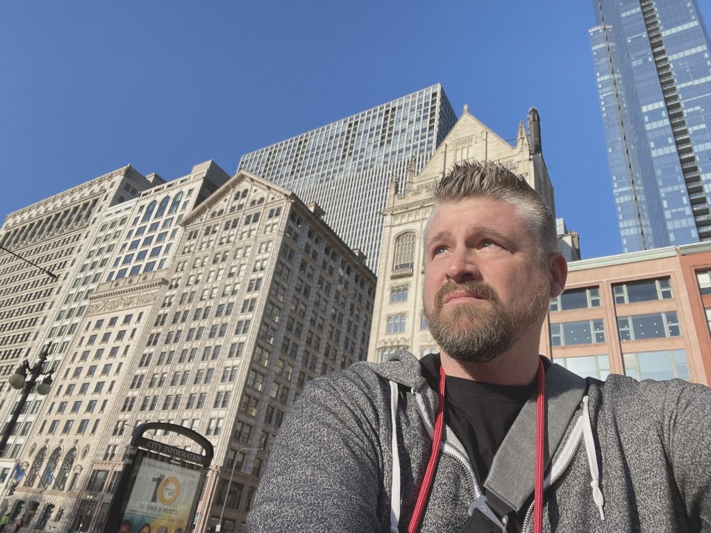 Me, enjoying the morning sun over Lake Michigan