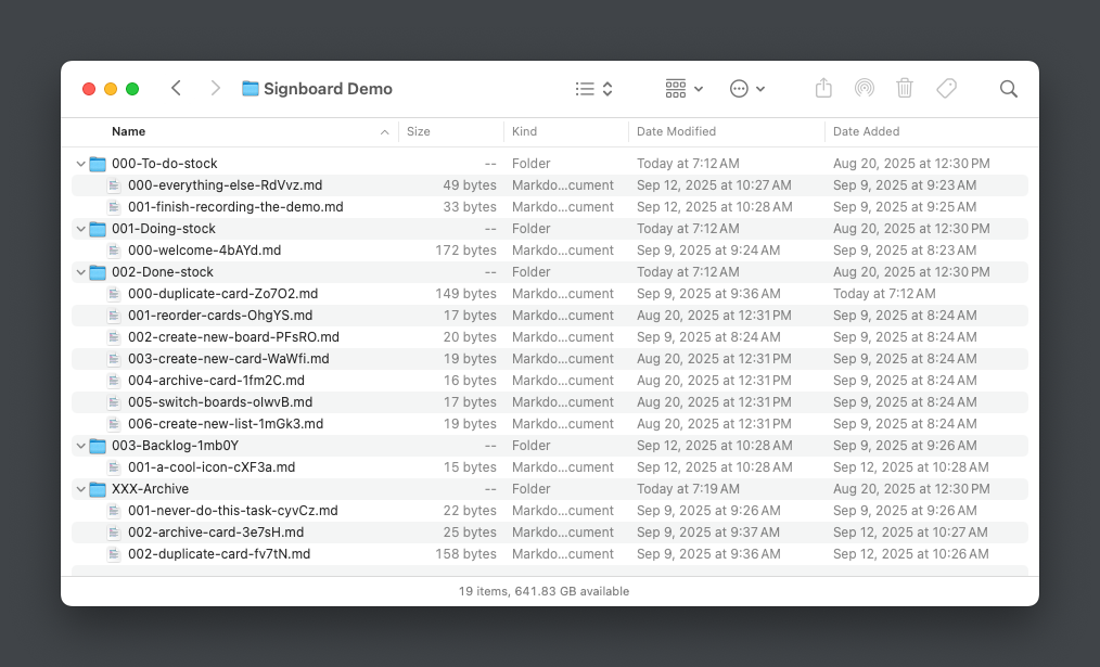 A screenshot of the macOS Finder app showing several directories in list view that represents the lists (as directories) and cards (as Markdown files).