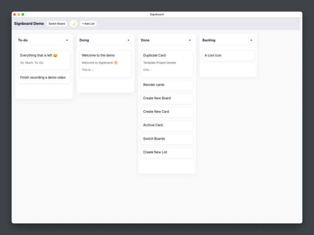A screenshot of Signboard 0.2.1 showing some basic lists and cards in a Kanban style.